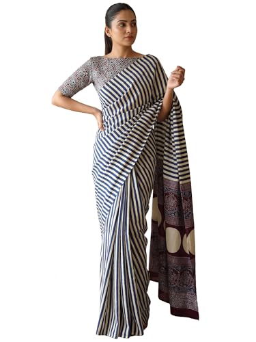 Image of AKHILAM Women's Pure Crepe Striped Printed Saree With Unstitched Blouse Piece
