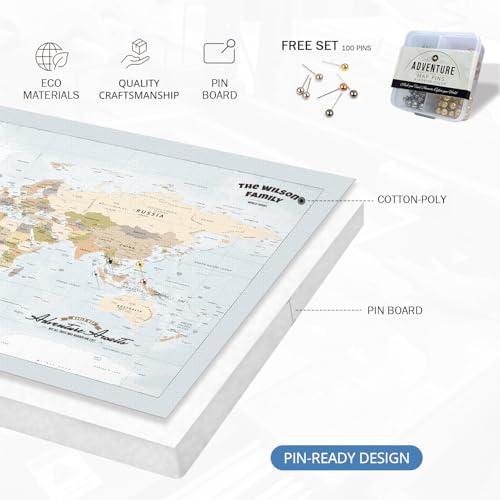 Image of IPIC - Custom Framed World Maps for Wall Decor, Push Pin Map Decor to Mark Travels, Personalized Artwork with Names and Message on, World Travel Map Print for Home, Office, Study, and RV