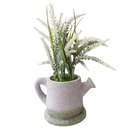 Image of Garden Art Artificial Heather Flower Spray in Shaded Watering Can Planter - Rustic Faux Floral Tabletop Centerpiece for Home, Office, Shelf & Desk Decor (P-0130White)