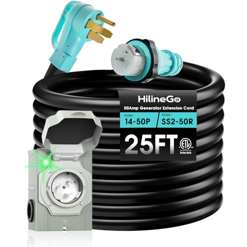 50 Amp Generator Cord 25FT and Power Inlet Box, 125V/250V Extension Power Cord, NEMA 14-50P/SS2-50R Twist Lock Connector, NEMA SS2-50P Pre-Drilled Inlet Box for Generator to House, ETL Listed