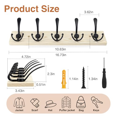Wooden Coat Rack Wall Mount Heavy Duty, 2 Pack Coat Hanger Wall Mount with 5 Triple Hooks for Clothes, Jacket, Hat, Keys, Space Saving Entryway Organizer for Mudroom (Natural Plate & Black Hooks) by BEIUTAO - Used condition - Image 6
