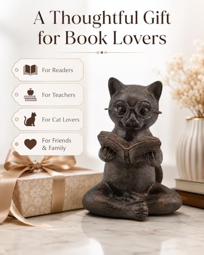 Bronze Cat Figurine Reading Book, Resin Home Décor Accents Statue with Glasses, Cute Tabletop Decor for Bookshelf Desk Office Library, Cat Lovers Gifts for Women Man Teacher Student (Reading Cat) - Image 2