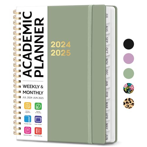 Academic Planner 2024-2025, Monthly and Weekly Calendar Planner (July 2024 - June 2025), Hardcover Teacher School Student Planner with Tabs, Ideal for School Office Supplies, A5 (6.3' x 8.5') - Green