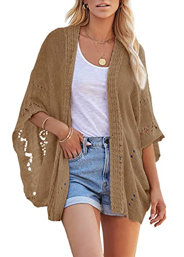 Image of Ermonn Crochet Cardigan Sweaters for Women Open Front Kimono Batwing Sleeve Plain Casual Lightweight Outerwear