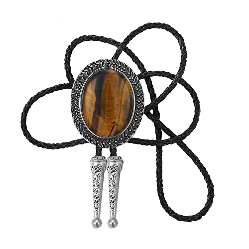 Image of Bolo Tie for Men Women Cowboy Turquoise Celtic Natural Tiger Eye Stone Longhorn Bull Western Leather Bolo Necktie
