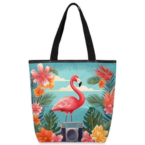 Mularoka Flamingo Flower Audio Canvas Tote Bag with Zipper and Pockets Canvas Tote Shopping Bag Women Reusable Grocery Bag for Beach Travel Gym Shopping