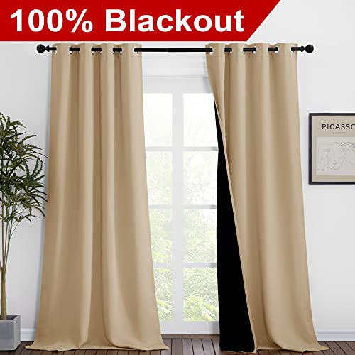 Image of NICETOWN Living Room Completely Shaded Draperies, Privacy Protection & Noise Reducing Black Lined Insulated Window Treatment Curtain Panels for Patio Door (Set of 2 Pcs, W46 x L90, Biscotti Beige)