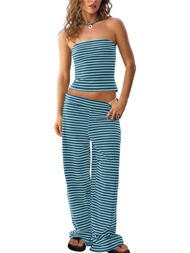 Tankaneo Gestreiftes 2-teiliges Damen-Set, Sommer, trägerlos, bauchfrei, Röhren-Top, weites Bein, Hose, passendes Lounge-Set, Urlaubs-Outfits, Marineblau, M