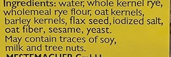 Mestemacher Natural Three Grain Bread, Authentic German Whole Grain Bread with Rye, Oats & Barley | High Fiber, Non-GMO, Ready to Eat, Long Shelf Life, 17.6 Oz (Pack of 6)