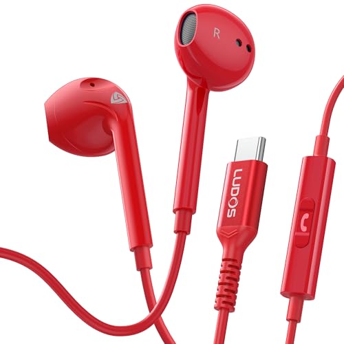LUDOS Zenith USB C Headphones for iPhone 17 16 15 Pro Max Plus Air iPad Pro Air, 5 Years Warranty, USB-C Earbuds for Samsung Galaxy S24 S23 Ultra S22 S21 S20 A55 A54 A53, USB Type C Earphones - Red