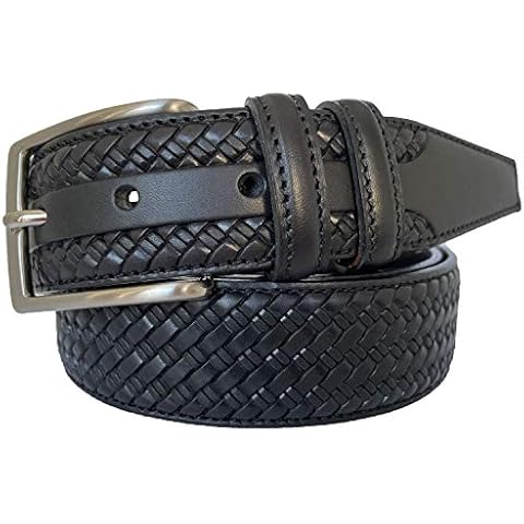 MENS ITALIAN LEATHER BRAID WEAVE EMBOSSED 35MM TROUSER BELT (BLACK, XXL - 42-46 INCHES) Cover