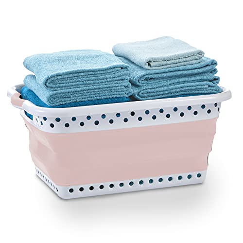 Image of Pop & Load Collapse and Store Collapsible Plastic Laundry Basket - Large 1 pc Portable Pop Up Laundry Hamper for Laundry Room, Groceries, Office, Basket with Comfort Grip Handles, 10.5 Gallons, Pink