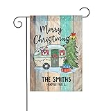 Rustic Turquoise Wood Christmas RV Van Camper Flag Personalized Farmhouse Camping Garden Flags Decoration Gifts, Custom Happy Camper Travel Trailers Sign Campground Decor(12' x 18' - None Pole)