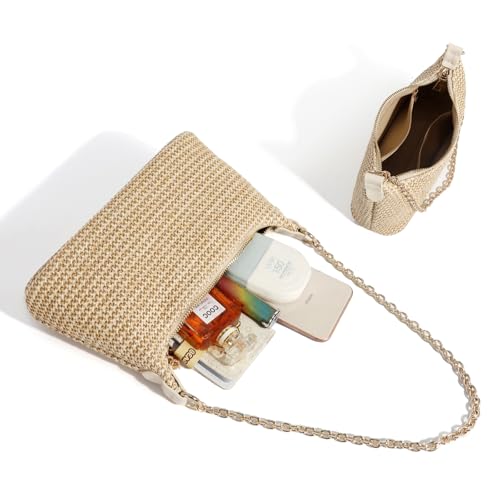 Image of Handmade Straw Tote Bag for Women - Boho Beach Purse with Chain Strap,Summer Market Bag,Eco Friendly Woven Rattan