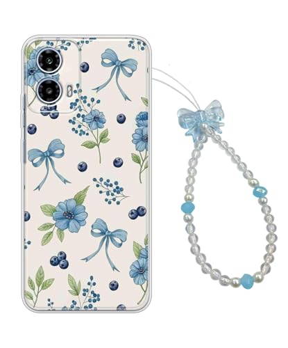 COBERTA Printed Back Cover for Motorola Moto G35 5G Back Cover Case with Phone Charm Chain Strap Beads & Pearls for Girls Stylish - Blue Bows & Flowers Floral - D16956