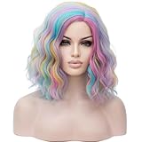 BERON Girls Rainbow Wig Short Curly Hair Wig for Women Multi-color Body Wave Wigs Colorful Bob Halloween Cosplay Party or Daily Use Wigs