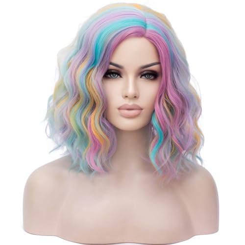 Image of BERON Girls Rainbow Wig Short Curly Hair Wig for Women Colorful Body Wave Wigs Colorful Bob Halloween Cosplay Party or Daily Use Wigs