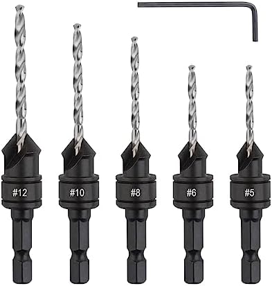 Gunpla 5pcs HSS Countersink Drill Bit Set, 1/4 inch Hex Shank Adjustable Counterbore Drill Bits Kit for Drilling Holes in Wood Plastic Soft Metal Chamferring Tool