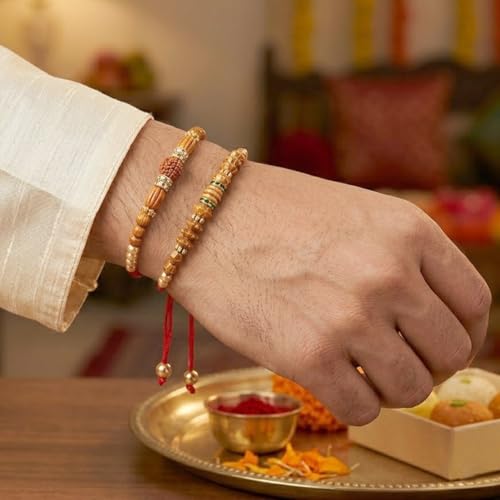 Image of Peora Rakhshabandhan Thread Rakhi for Brother Bhaiya | Kundan Beads & Crystal Studded | Combo Set of 2 | Rakhi Hamper Roli Chawal & Greeting Card
