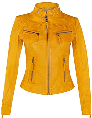 Infinity Leather Veste de Moto Classique en Cuir Véritable Jaune Pour Femmes, Coupe Mince, Mode 3XL
