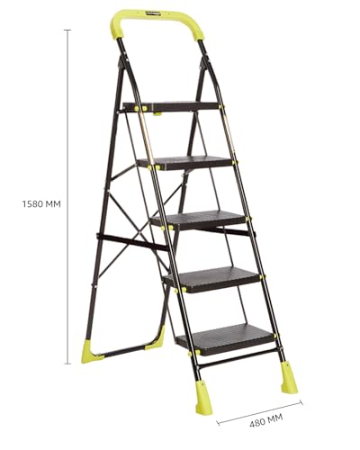 Image of Amazon Basics Dynamo - Foldable Step Ladder, Safety Clutch Lock, Anti Slip Steps, Knee Guard, Anti Skid PVC Shoes, 5 Steps (Steel, Black & Lime Green)