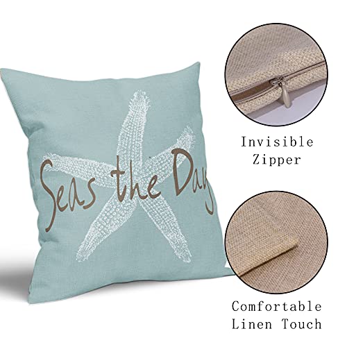 Starfish Pillow Covers 18X18 Inch Coastal Seafoam Blue Seas The Day Throw Pillow Home Decor for Bedroom Living Room Sofa Linen Pillowscase Square Cushion Cover, Set of 2 - Image 4