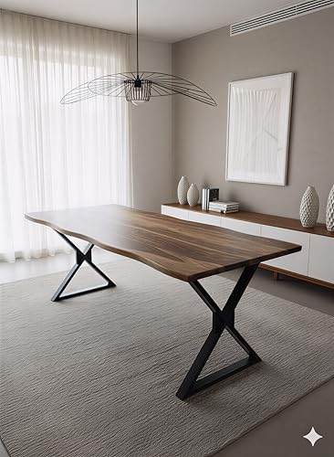 Image of REDWOOD Wooden 4 Seater Dining Table Only Cariboo | 57x28 Inch Rectangular Live Edge Dinner Table Without Chairs for Home, Office, Hotel & Restaurant | Natural Finish, Black X Shaped Metal Legs