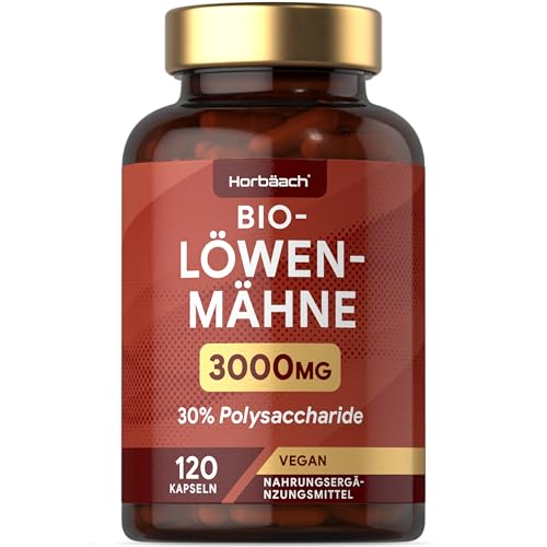 Lions Mane Kapseln 3000mg | Bio Löwenmähne Pilz Hochdosiert | 120 Vegane Mushroom Stk | Hericium Erinaceus Extract | Horbaach