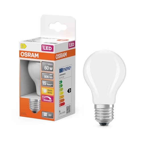 OSRAM Lampada LED Superstar forma lampadina A60 filamento dimmerabile, 2700 K bianco caldo, 5,9 W, E27, satinato, 806 lm, per lampade da soffitto e da terra, 15.000 ore