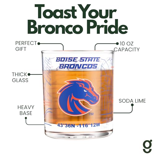 Image of Greenline Goods Boise State University Broncos Whiskey Glasses Set of 2, 10 oz Rocks Glasses with Full-Color Logo & Campus Map - Officially Licensed Bourbon Glass Gift for Alumni & Fans