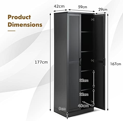 CASART Storage Cabinet, Freestanding Tall Cupboard with Adjustable Shelves & Doors, Wooden Floor Sideboard Hallway Organizer for Living Room Kitchen Entryway Bedroom (Black)