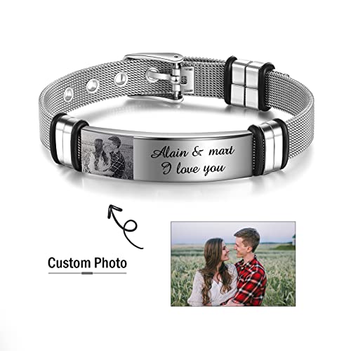 Nauchild Gifts For Dad Custom Bracelets Stainless Steel Mens Personalized Bracelet With Photo/Names/Text Engraved Bracelet Gifts For Men/Boyfriend(Photo-Grey) #TOP1