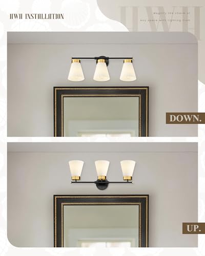 Image of Bathroom Vanity Light, HWH 3-Light Wall Light Fixture for Bathroom Bedroom, Black and Gold Vanity Lights with Frosted Milk White Striped Glass, 5HZG97B-3W BK+BG