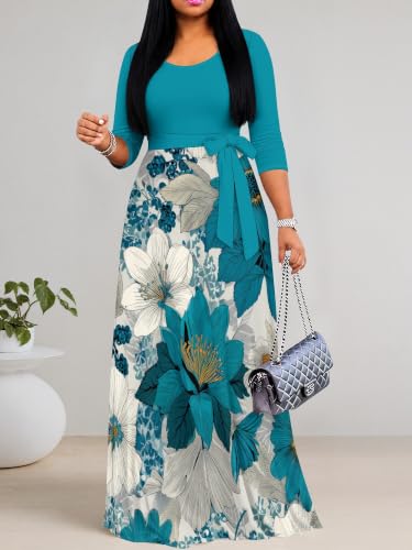 Image of PinkPatty Plus Size Maxi Dress for Women Casual V Neck 3 /4 Sleeve Boho Printed Long Dress with Pockets