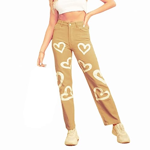 Women's High Waist Heart Print Wide Leg Loost Fit Vintage Boyfriend Jeans Teen Girls Streetwear Denim Pants