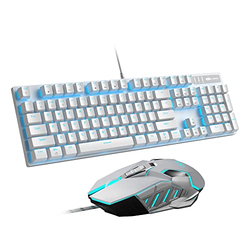 Mechanical Keyboard And Mouse, Wired Blue Backlit Mechanical Gaming Keyboard With Blue Switch, 104 Keys Anti-Ghosting Gaming Keyboard, 7-Color Breathing Backlit Gaming Mouse, White #TOP7