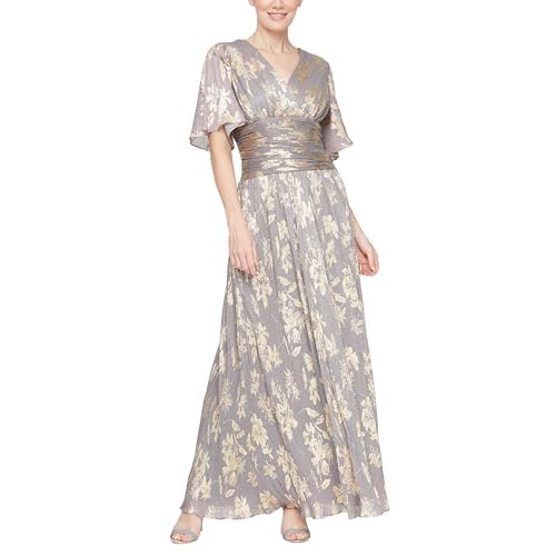 S.L. Fashions Womens Long A-line Mother of The Bride Dress with Ruched Waist (Petite and Regular Sizes)