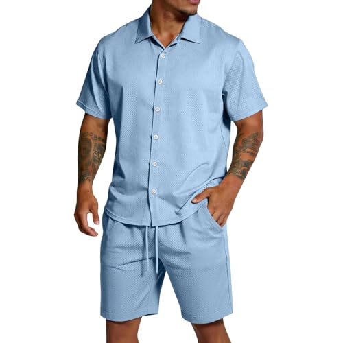 Herren 2-Teiler Sommer Outfit Hemd Shorts Set Strick Struktur Freizeit Strand Urlaub Leicht Baggy Hausanzug Sport Jogginganzug