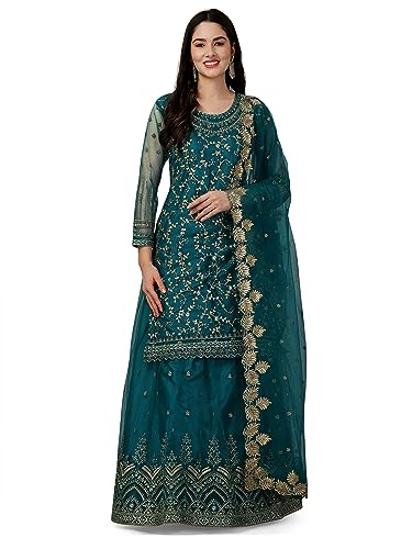 Image of TRENDMALLS Women's Net Embroidery Salwar Suit Set Kurta Lehenga with Dupatta