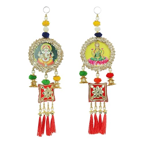 Auspicious Shubh Labh Hanging Laxmi Ganesh Bandanwar Door Round Wall Hanging for Handcrafted Square Pom Pom with Tassels Valance Home Showpiece for Indian Traditional Decoration(Size:-14