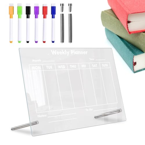 クリアデスクプランナー | クリアドライイレースボードプランナー - 卓上ボード 6色のマーカーとカレンダーボードのTo Doリスト付き 寝室、机、自宅、学校用
