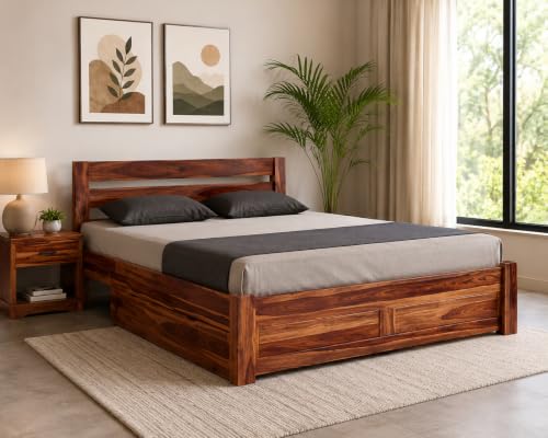 Image of Sheesham Solid Wooden Bed with Storage for Bedroom | Double Bed Cot Bed with Drawer Storage for Bedroom & Hotel | Sheesham Wood | Honey Finish | (Queen)