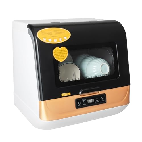 Portable Countertop Dishwasher,110V Compact Portable Tabletop Dish washer 360° Streak-Free Deep-Cleaning for Small Apartments Dorms RVs 17.72x15.75x17.6in (Gold)