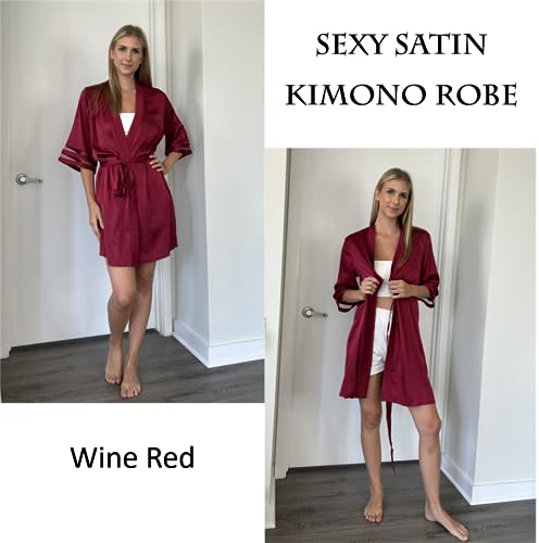 Image of Ekouaer Women's Satin Robe Silk Kimono Bathrobe Bridesmaid Wedding Bridal Party Robes 3 /4 Bell Sleeve Sleepwear S-XXL