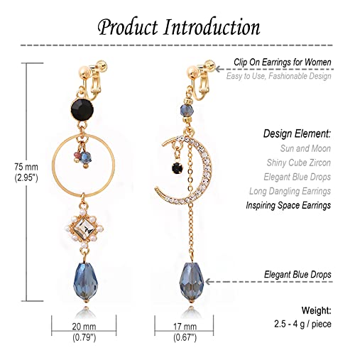REELMAR Clip on Earrings for Women Dangle Asymmetrical Sun and Moon Earrings Gold Long Boho Earrings Dangling Chain Drops Bohemian Statement Earrings Jewelry3