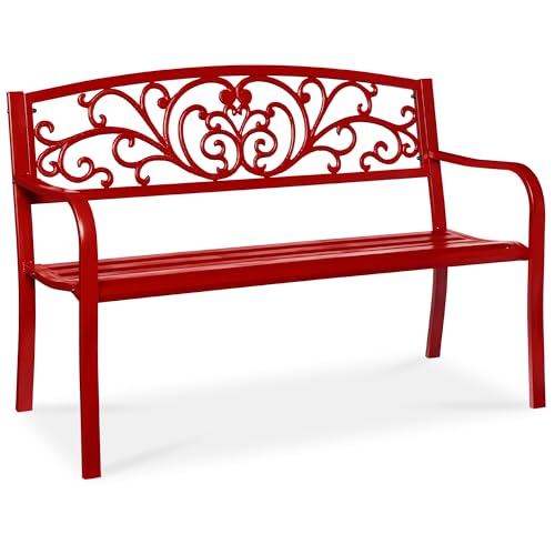 Best Choice Products Outdoor Bench Steel Garden Patio Porch Furniture for Lawn, Park, Deck w/Floral Design Backrest, Slatted Seat - Red - Best Patio Benches