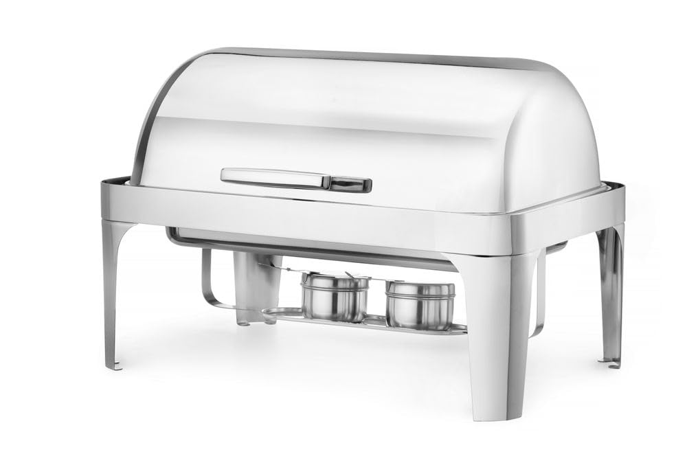 HENDI Chafing Dish da Buffet con Coperchio Rolltop 180°, Bagnomaria Professionale GN 1/1, Supporti per Combustibile e Riscaldamento Elettrico, 9L, 660x490x(H)460mm, Acciaio Inox
