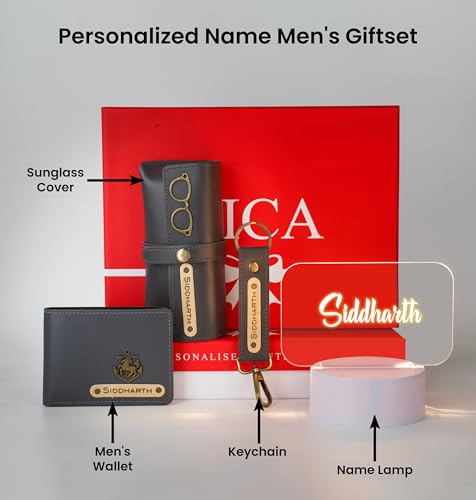 Image of AICA Personalized Name & Charm Grey Leather Wallet Mens Combo & LED Lamp Giftset | Customized Birthday Anniversary Wedding Gifts for Brother Husband Father Boyfriend | Gift Hamper