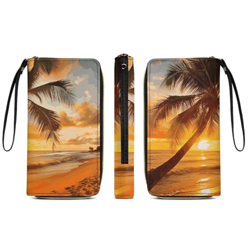 Tropical Beach Palm Tree Sunset Leather Wallet Smooth Zip Around Clutch Wristlet Travel Long Soft Purse for Women3