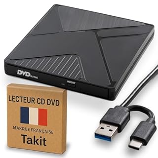 Takit Lecteur CD DVD Externe pour PC [Marque FRANÇAISE] Graveur DVD USB 3.0 & USB-C Ultra Rapide, Lecteur Optique Portable CD/DVD +/-RW, Câble USB Intégré, Compatible Windows, Mac